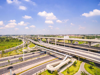 High angle view of highway against sky in city