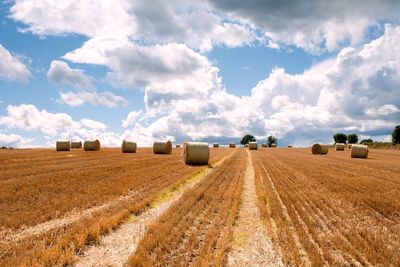 Hay bales on field against sky