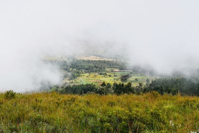 Aerial view of agricultural farms against a foggy background in rural kenya