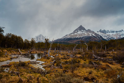 Scenic view of snowcapped mountains against sky