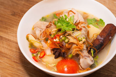 High angle view of soup in bowl on table