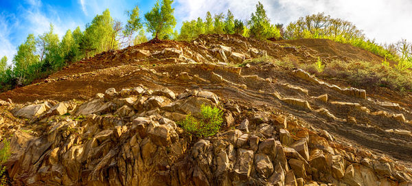 Red rocks with vegetation and blue sky