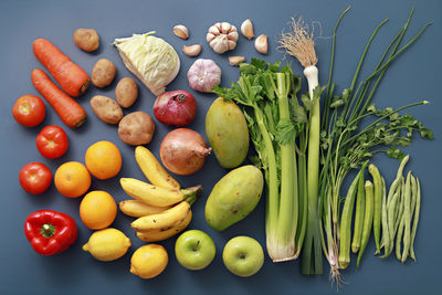 Directly above shot of vegetables and fruits on table