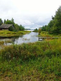 Scenic view of lake against cloudy sky