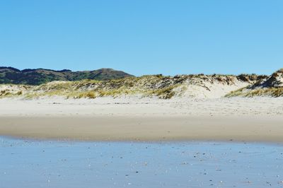 Scenic view of beach against clear blue sky