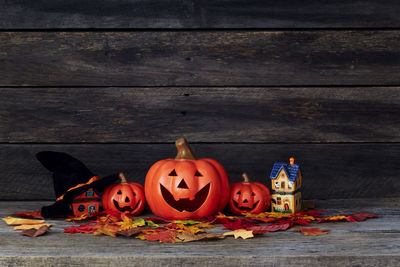 High angle view of pumpkins on table