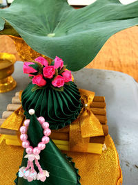 High angle view of pink flowers on table