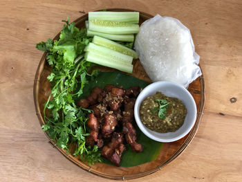 High angle view of food served on table