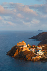 Morning view of psara village and agios nikolaos church.