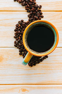 High angle view of coffee beans on table