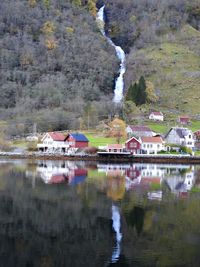 Scenic view of lake by buildings