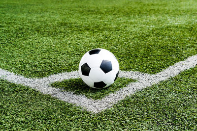 High angle view of soccer ball on field