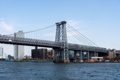 Suspension bridge over river in city