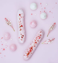 High angle view of candies on white table