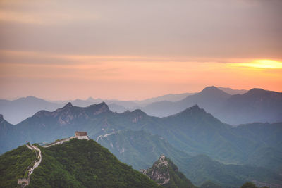 Great wall of china against sky during sunset