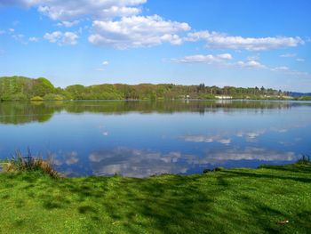 Scenic view of lake against cloudy sky