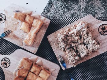 High angle view of bread on cutting board