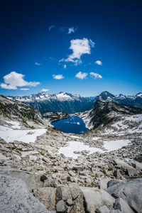 Scenic view of mountains against blue sky