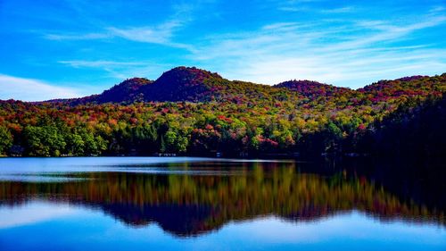Scenic view of lake by trees against sky