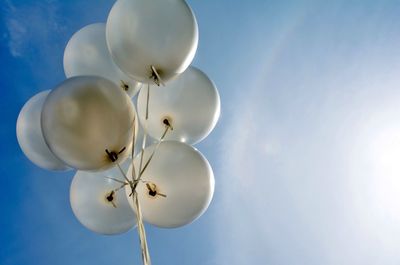 Low angle view of balloons against blue sky