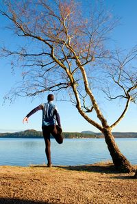 Silhouette of active adult man in running leggins and blue shirt at birch tree on beach. calm water