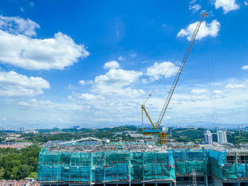 Aerial view of construction site against blue sky