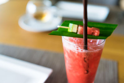 Close-up of beer in glass on table