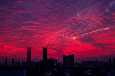 Aerial view of city at sunset