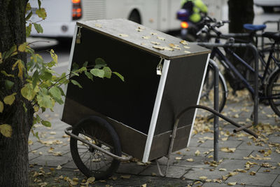 View of pushing cart next to tree