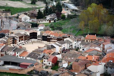 High angle view of houses in town