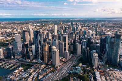 Panoramic view of sydney. drone photo of modern city buildings, skyscrapers, streets. australia.