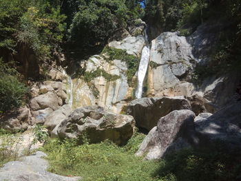 Rock formation by river in forest