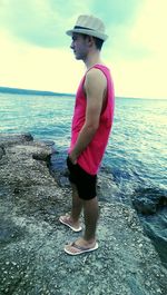 Full length of man standing on beach against sky