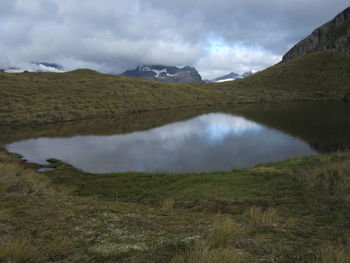 Scenic view of lake and mountains against sky