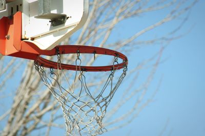 Low angle view of basketball hoop against bare tree