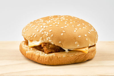 Close-up of burger against white background