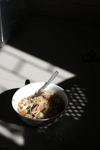 High angle view of breakfast served on table