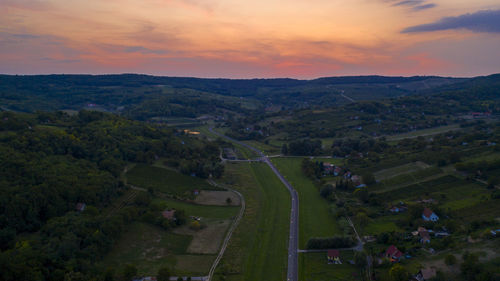 High angle view of landscape against sky during sunset