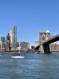 Bridge over river against clear blue sky