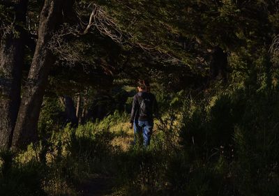 Rear view of woman walking in forest