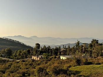Scenic view of trees and mountains against clear sky