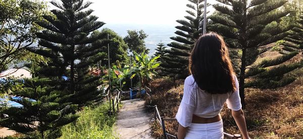 Rear view of woman on walkway against trees