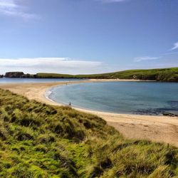 Scenic view of beach against blue sky