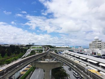 High angle view of highway against sky in city