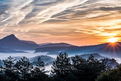 Scenic view of silhouette mountains against sky at sunset