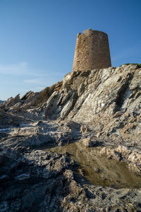 Low angle view of rock formations against sky