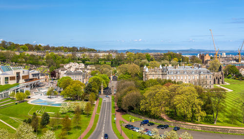 High angle view of cityscape against sky