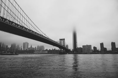 Suspension bridge over river in city against sky