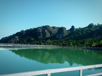 Reflection of trees and swimming pool against clear blue sky