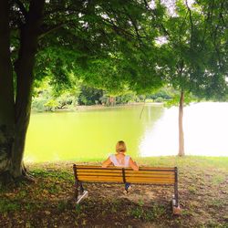 People sitting on bench by lake